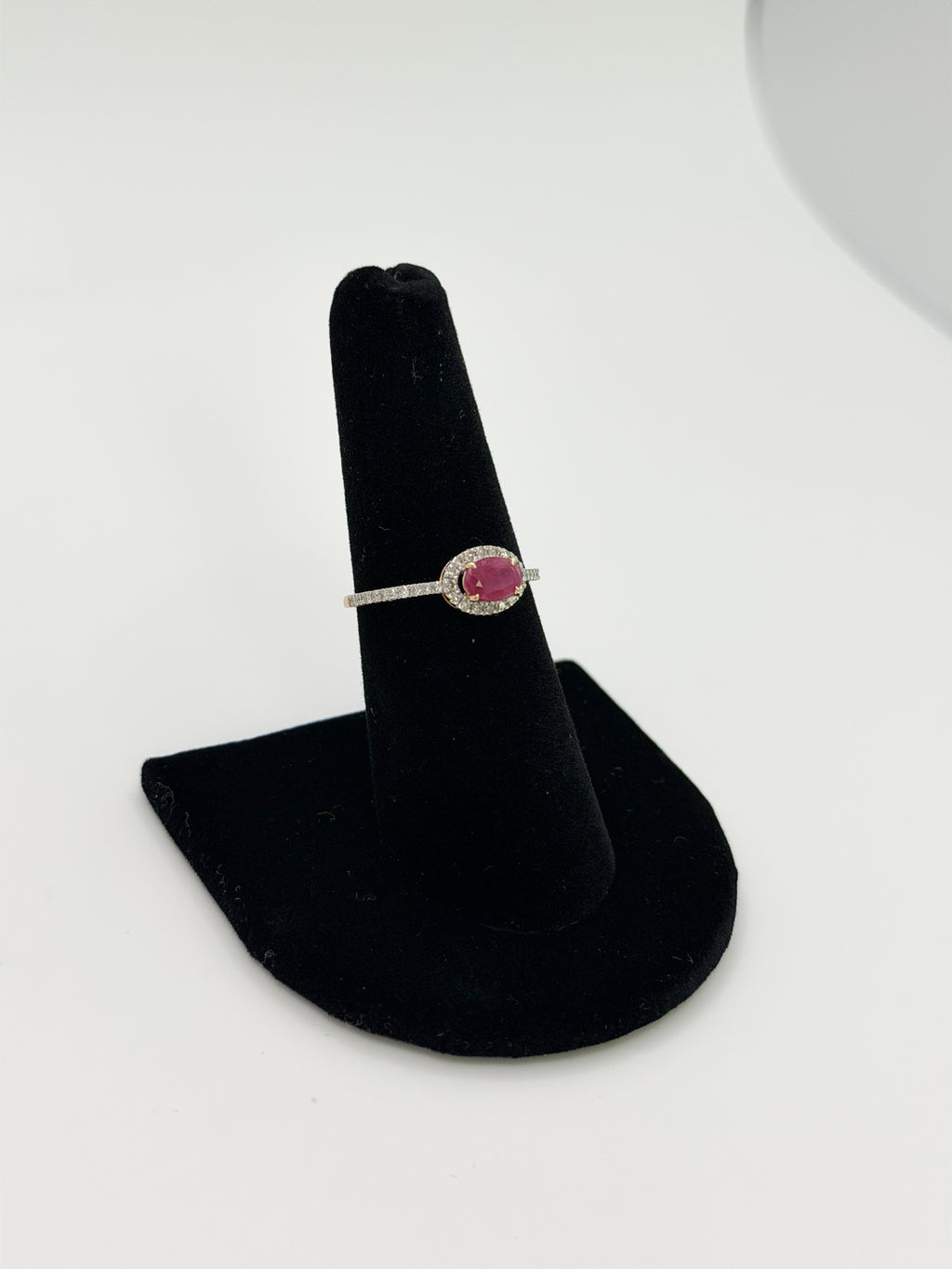 Genuine Ruby Oval Diamond Halo Ring in 14K Yellow Gold