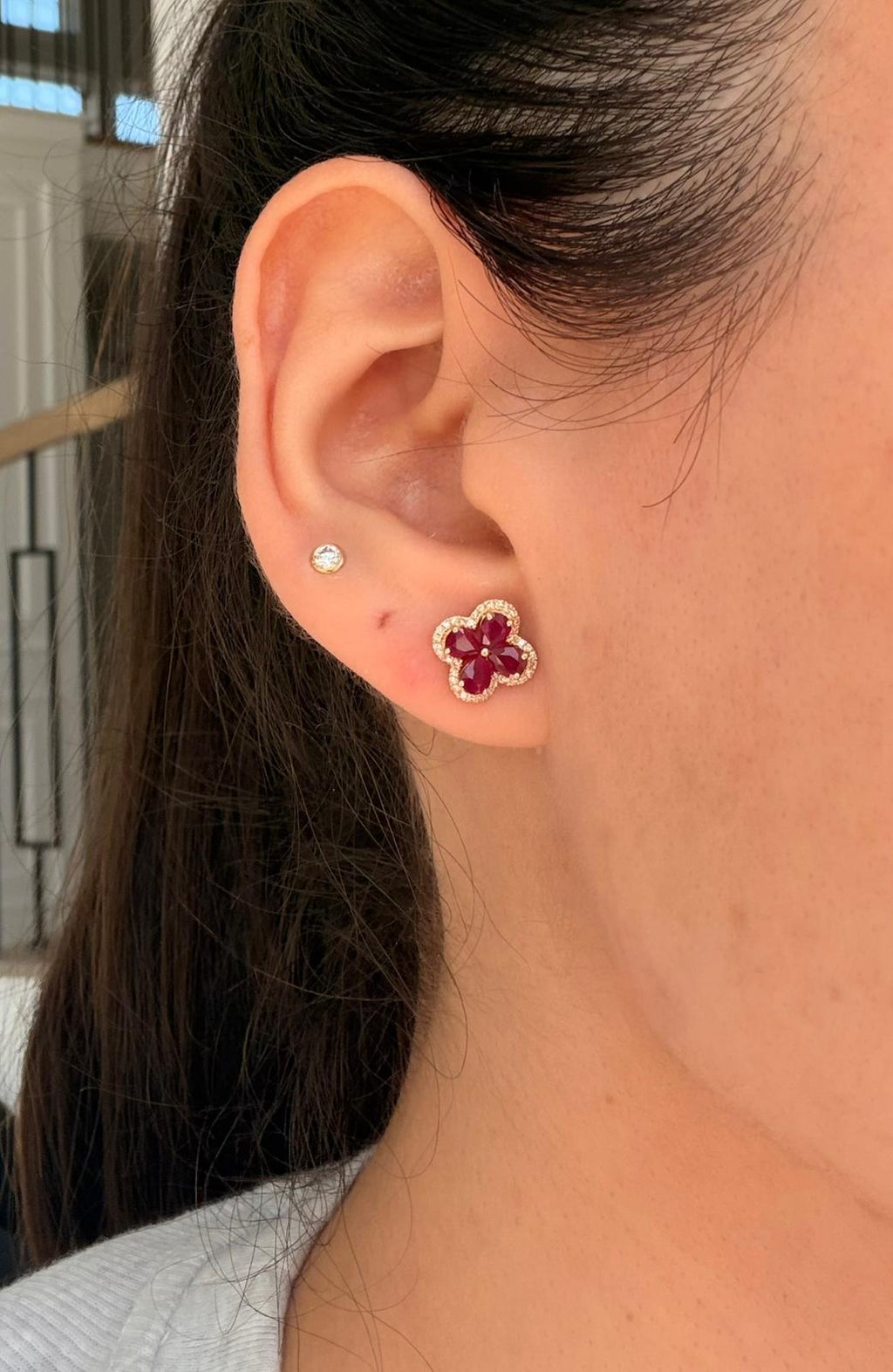 Natural Ruby Flower Earrings with Diamond Halo in 18K Gold