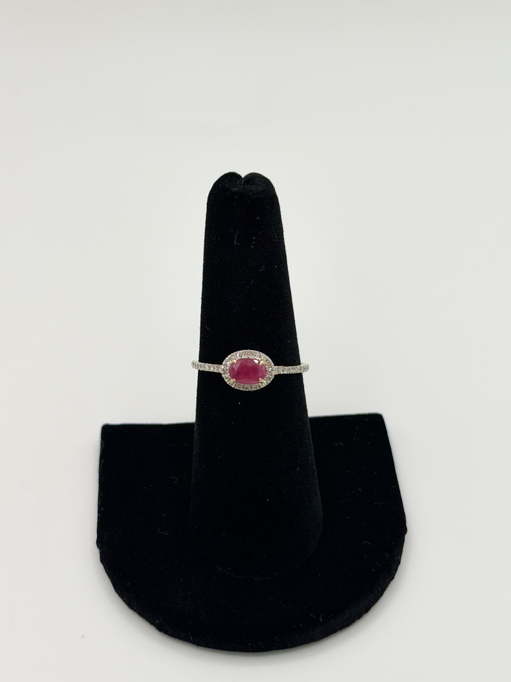 Genuine Ruby Oval Diamond Halo Ring in 14K Yellow Gold