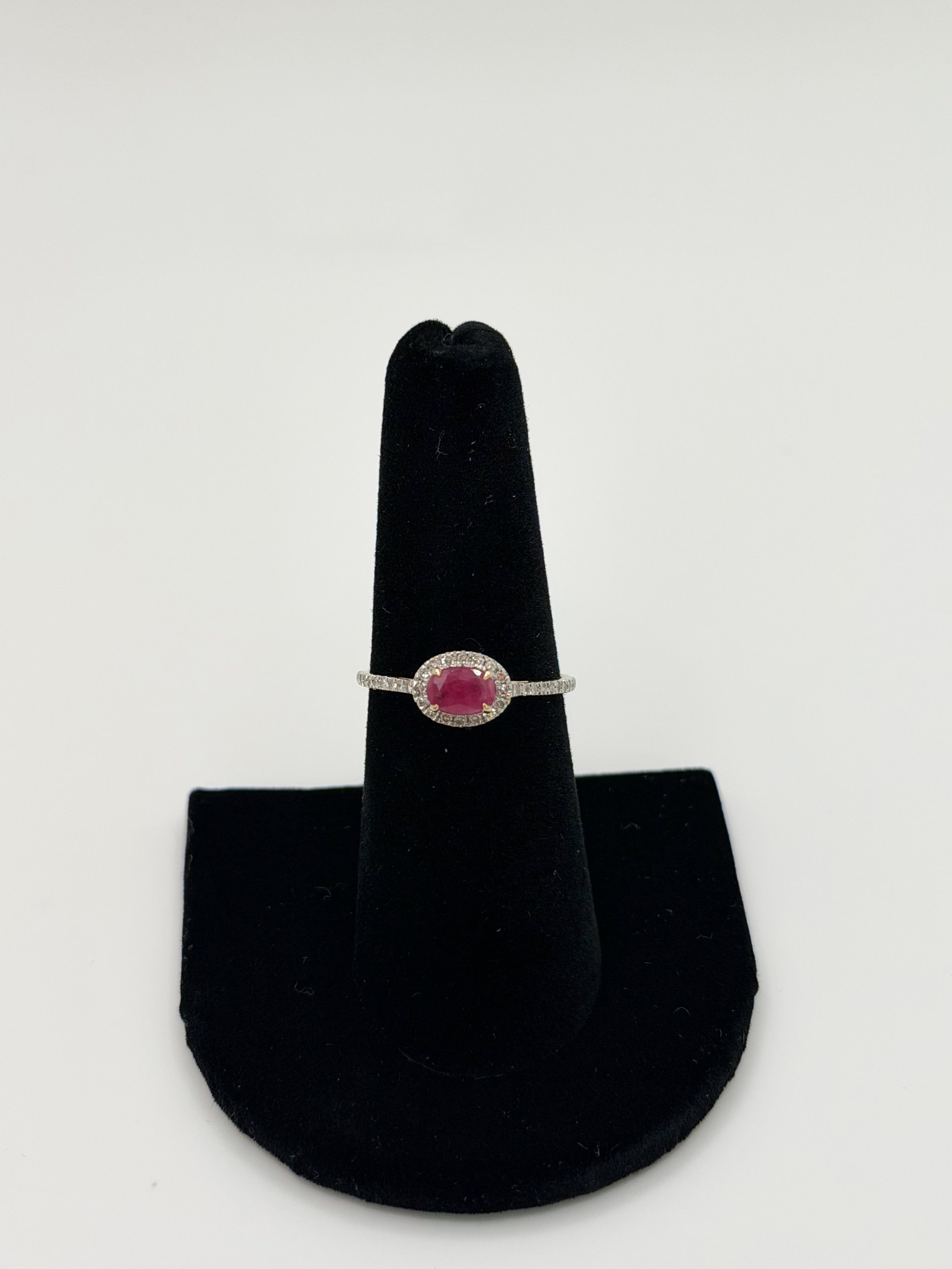 Genuine Ruby Oval Diamond Halo Ring in 14K Yellow Gold