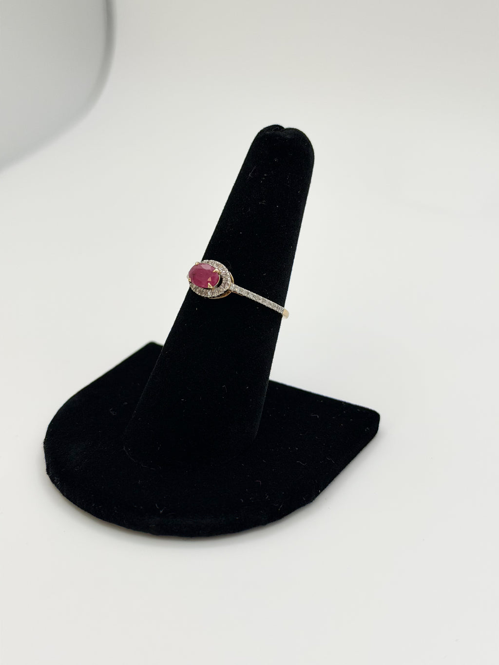 Genuine Ruby Oval Diamond Halo Ring in 14K Yellow Gold