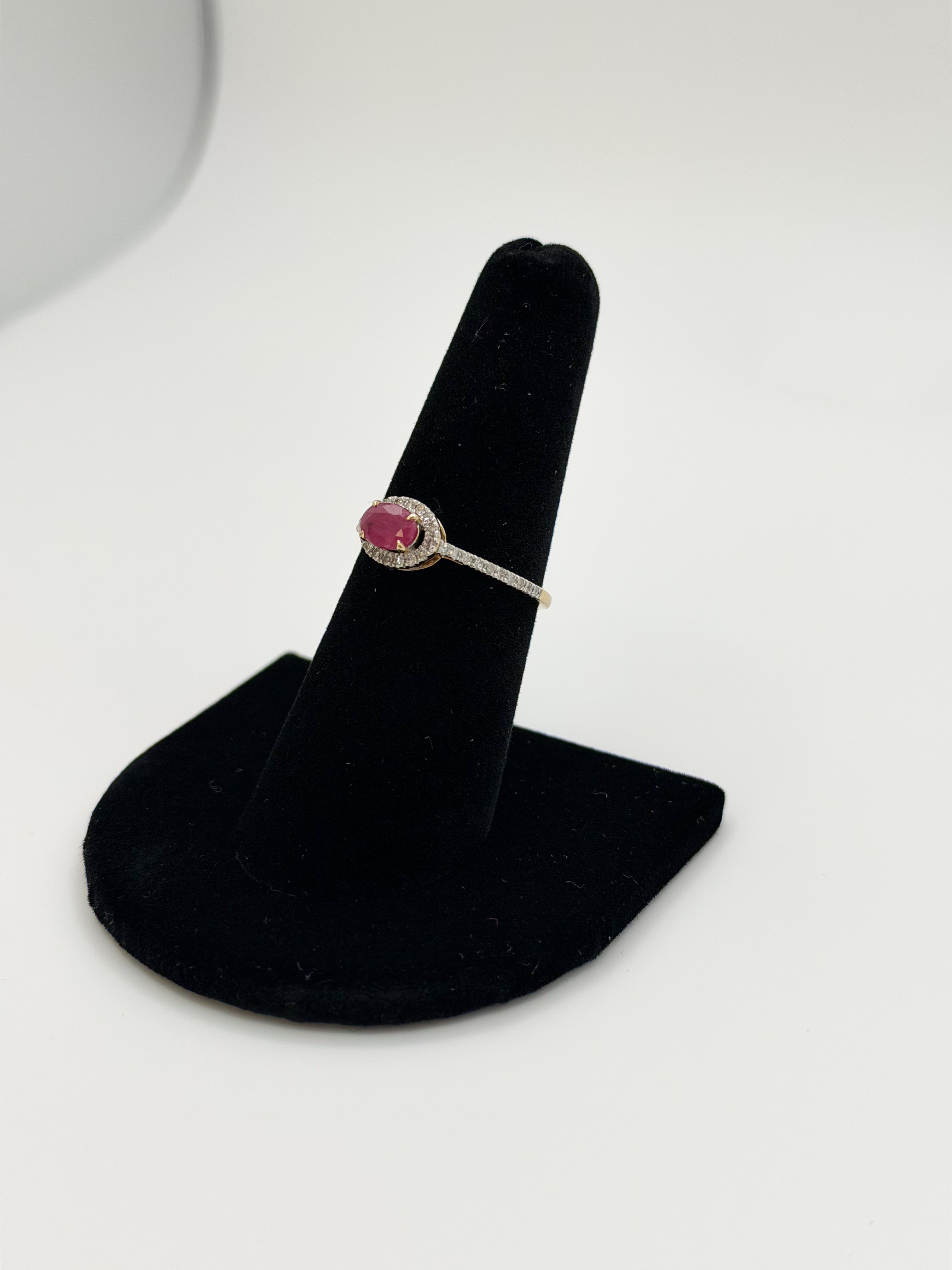 Genuine Ruby Oval Diamond Halo Ring in 14K Yellow Gold