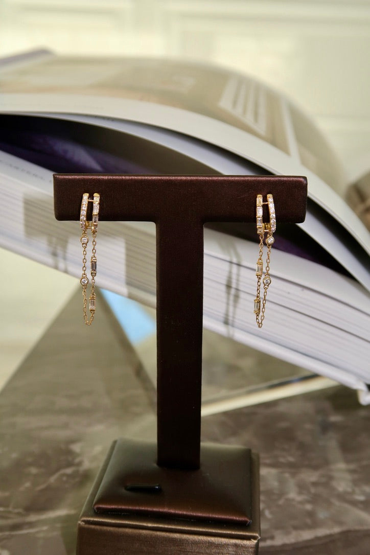 Natural Diamond Huggies Drop Chain Earrings 18K YG