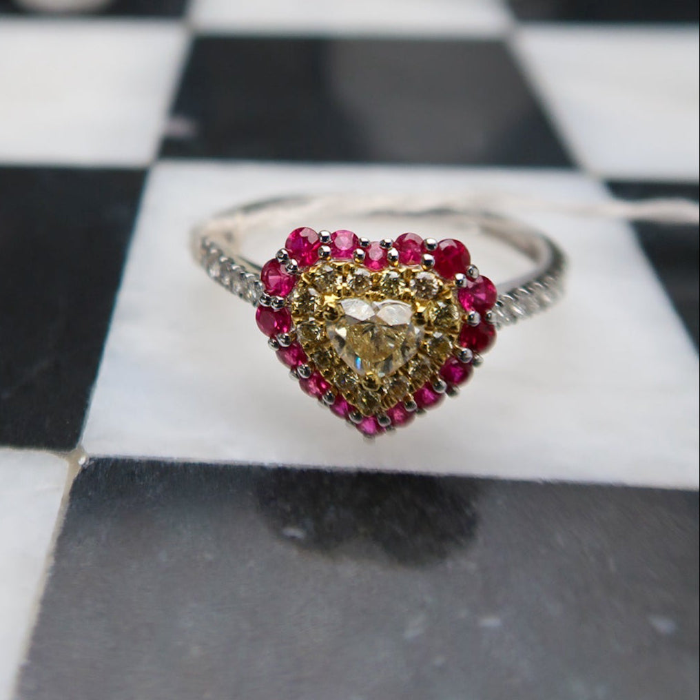 Heart-Shaped Natural Diamond & Genuine Ruby Halo Ring in 18K White, Yellow Gold