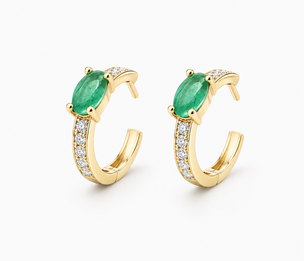 Emerald Diamond Hoop Earrings in 14K Yellow Gold
