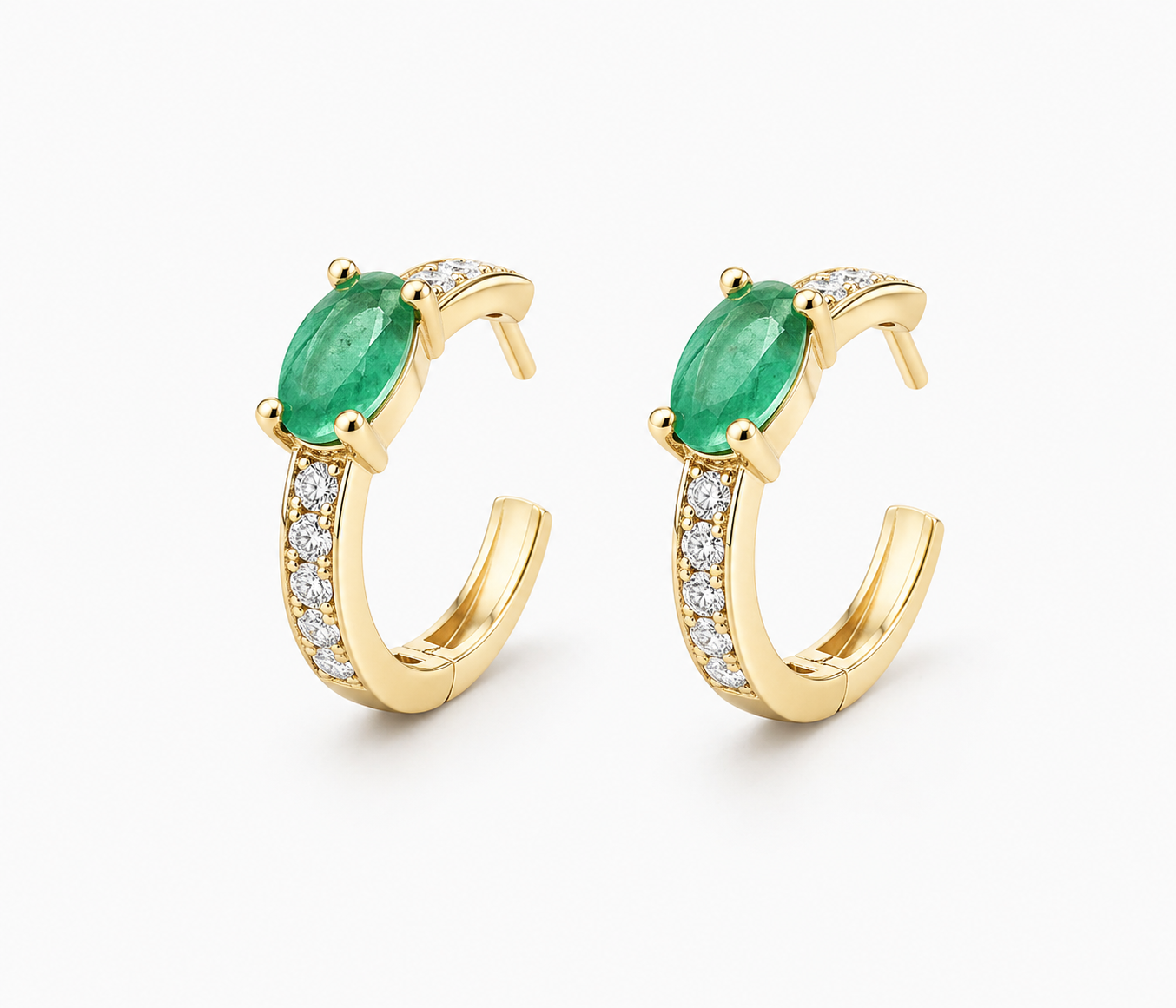 Emerald Diamond Hoop Earrings in 14K Yellow Gold