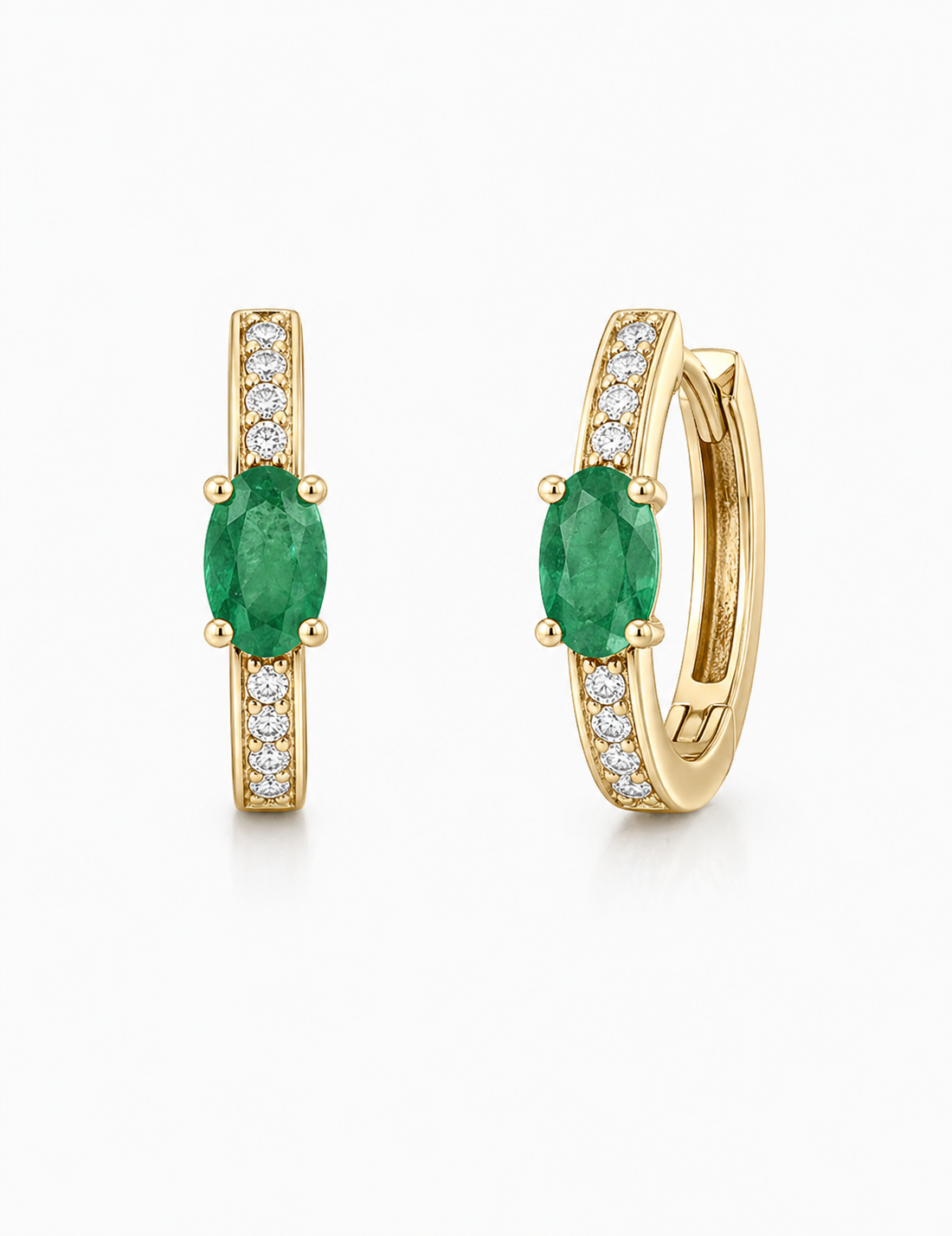 Emerald Diamond Hoop Earrings in 14K Yellow Gold