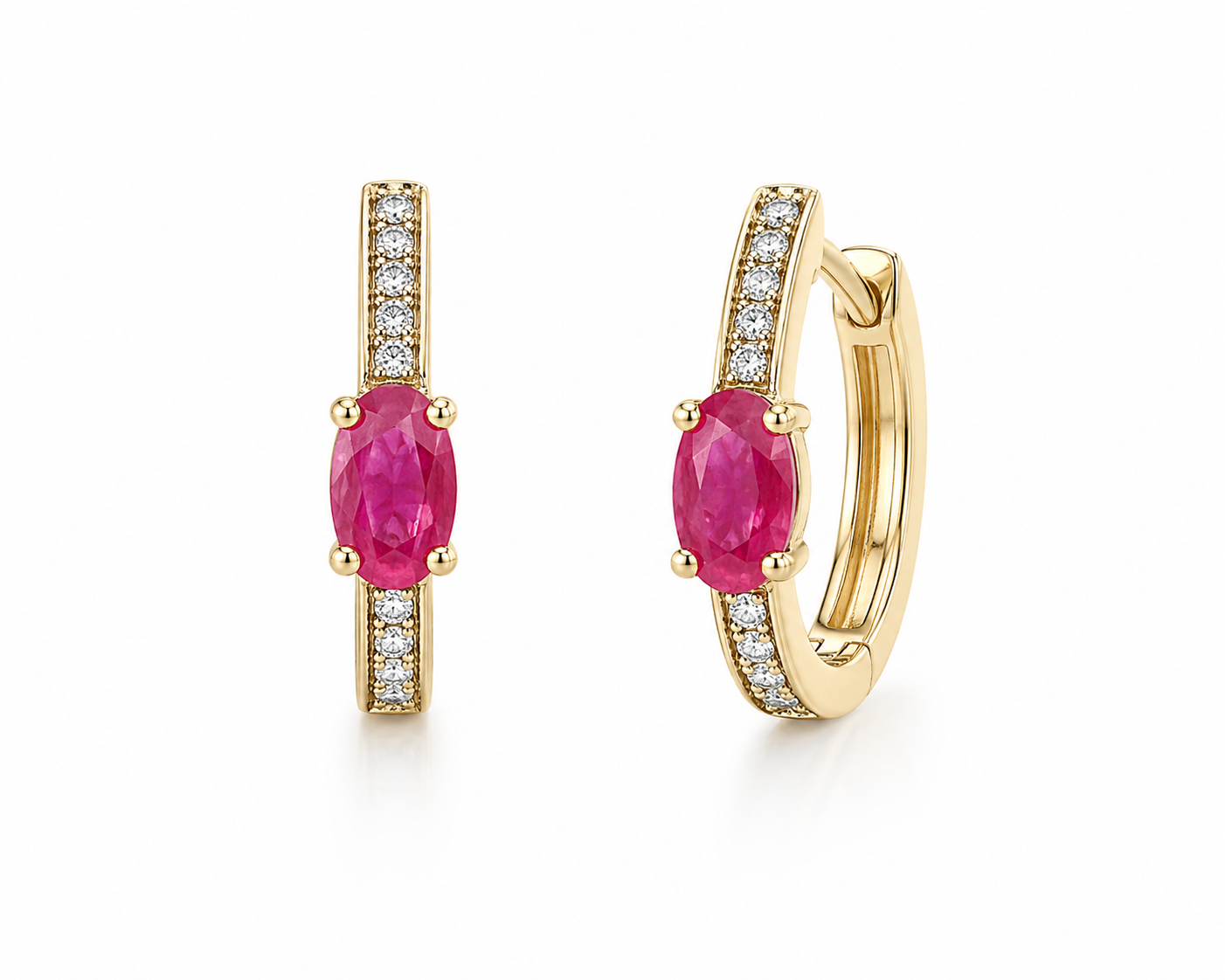 Ruby Diamond Huggie Hoop Earrings in 14K Yellow Gold
