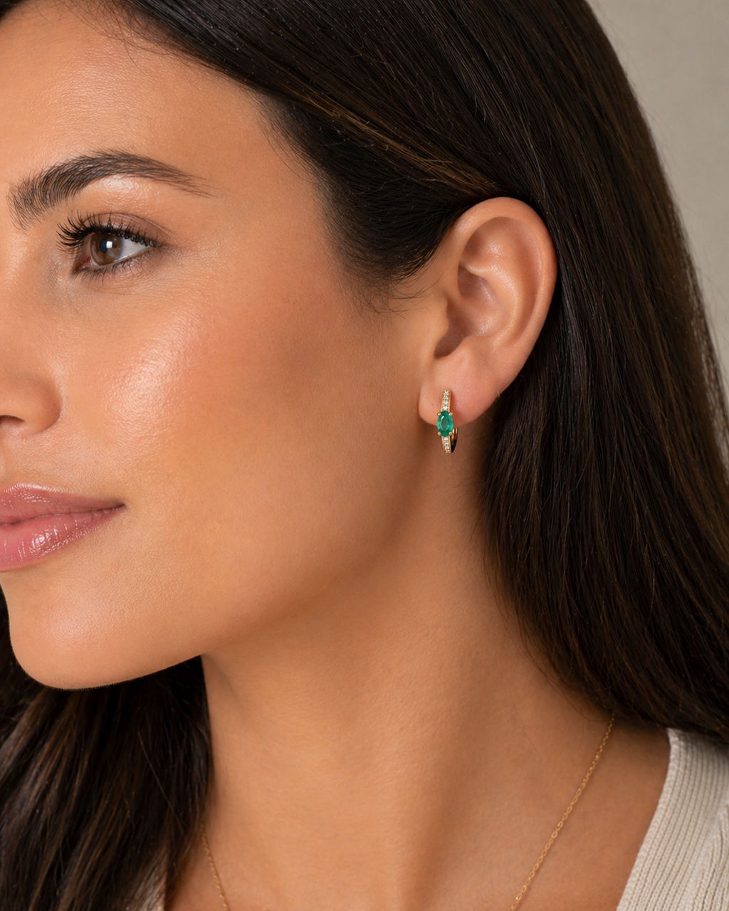 Emerald Diamond Hoop Earrings in 14K Yellow Gold