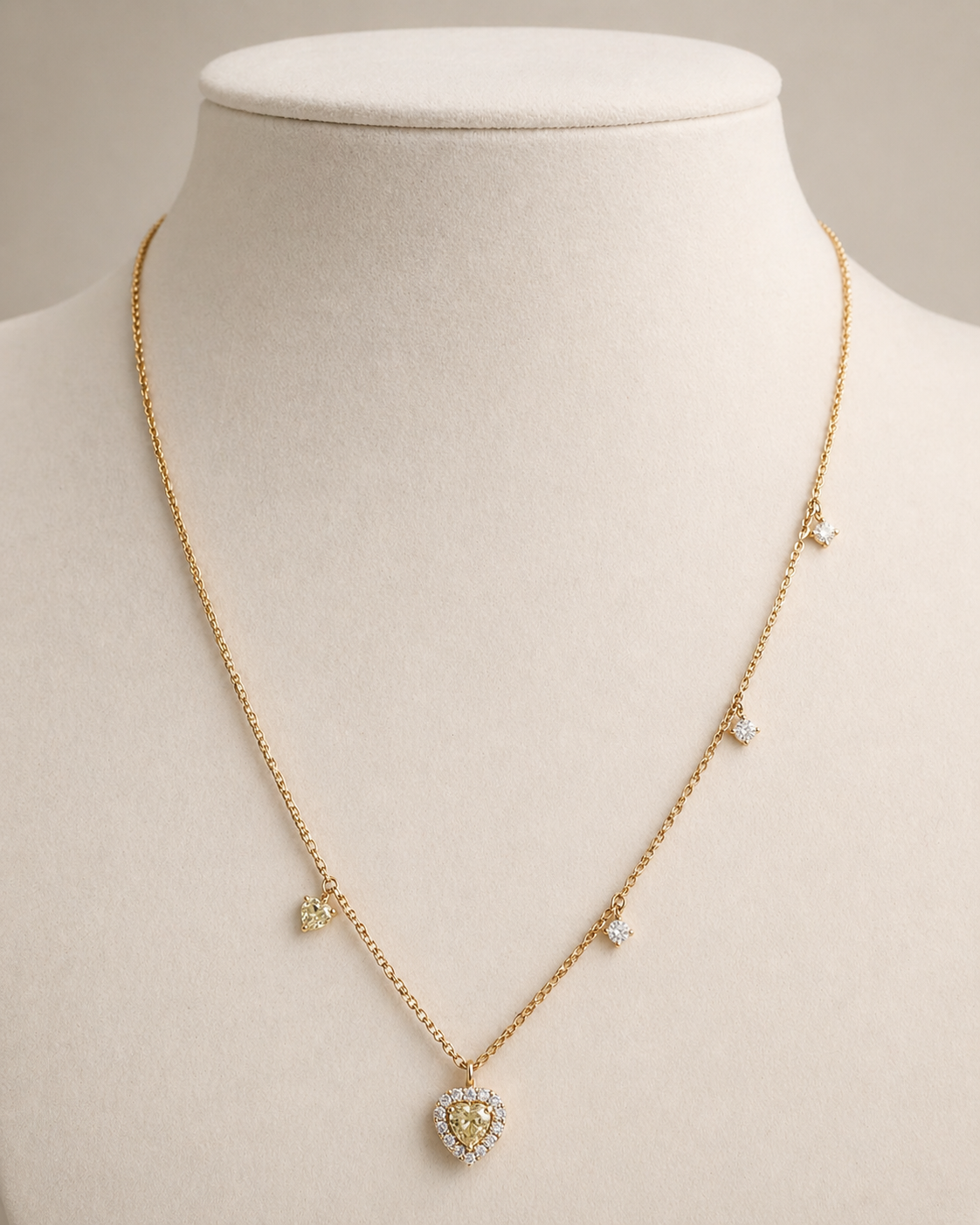 Fancy Yellow Heart Natural Diamond Station Necklace in 18K Yellow Gold