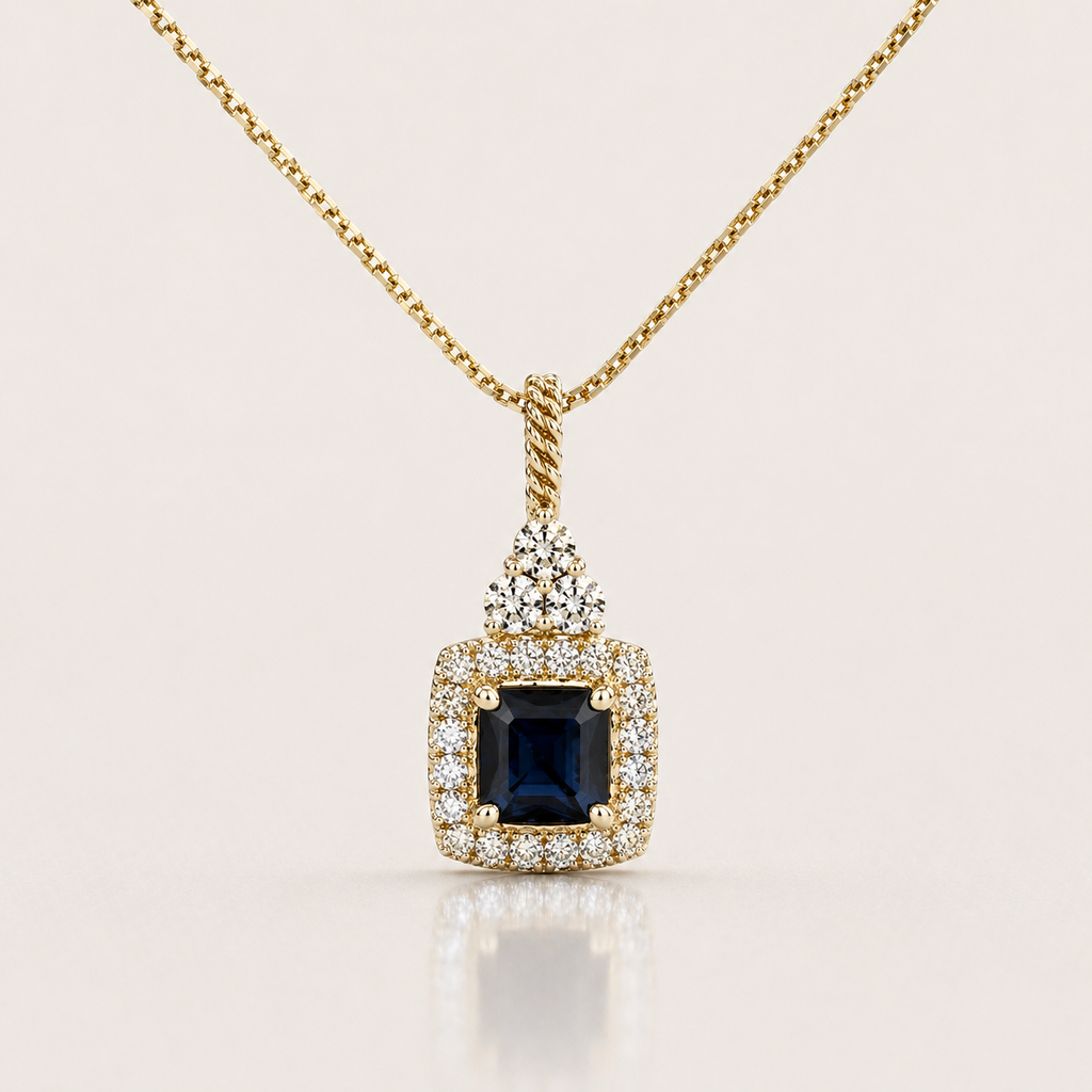 Blue Sapphire Halo Pendant in 14K YG