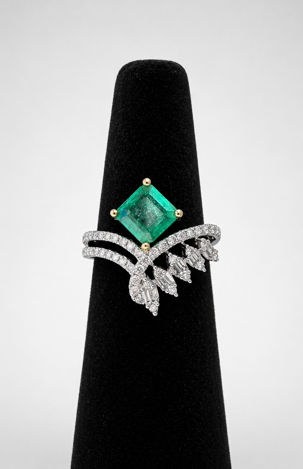 Emerald & Diamond Statement Ring in 18K White Gold