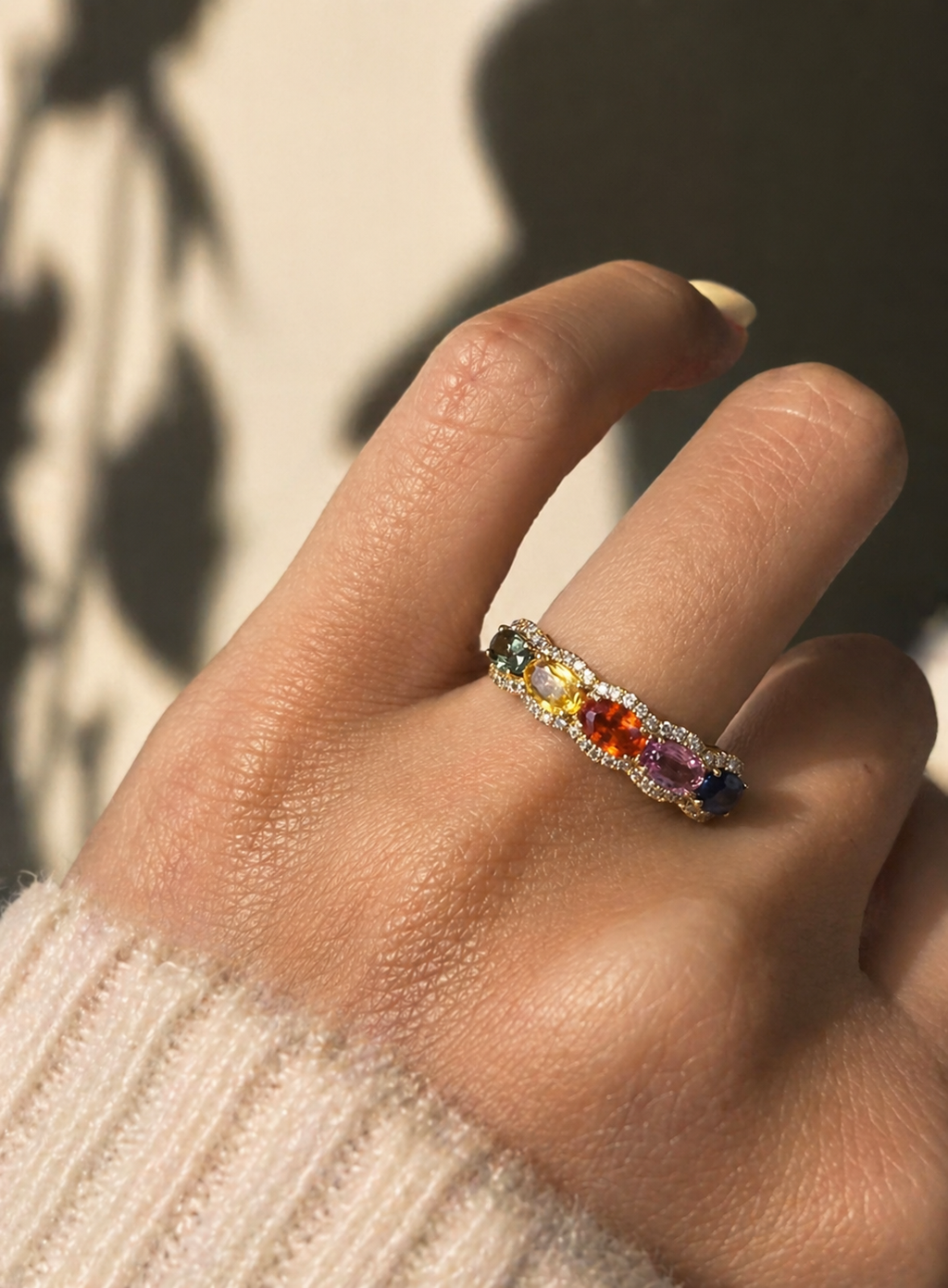 Rainbow Sapphire & Diamond Half Eternity Band in 18K Gold