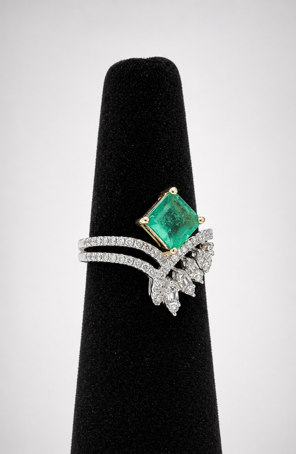 Emerald & Diamond Statement Ring in 18K White Gold