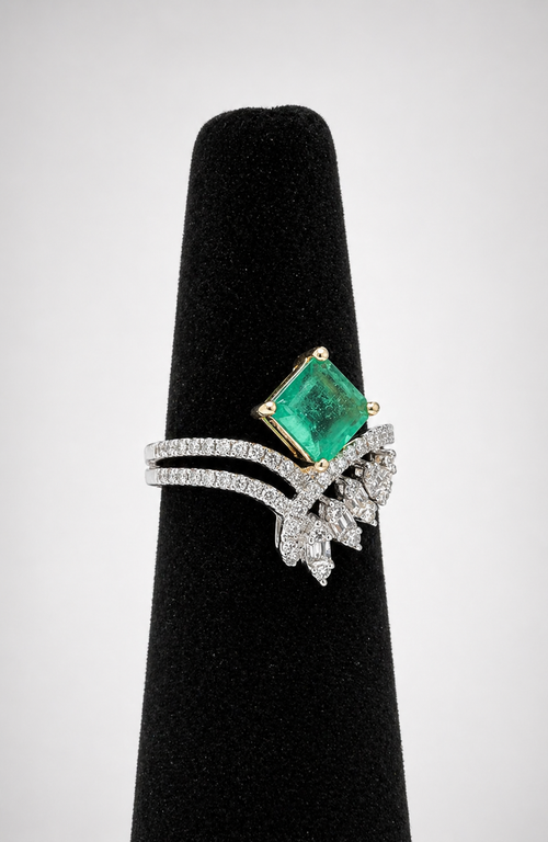 Emerald & Diamond Statement Ring in 18K White Gold