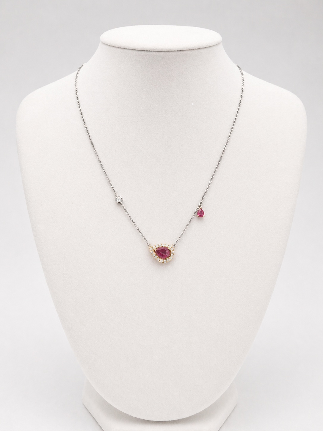 Genuine Ruby & Natural Diamond Station Necklace in 18K White and Yellow Gold
