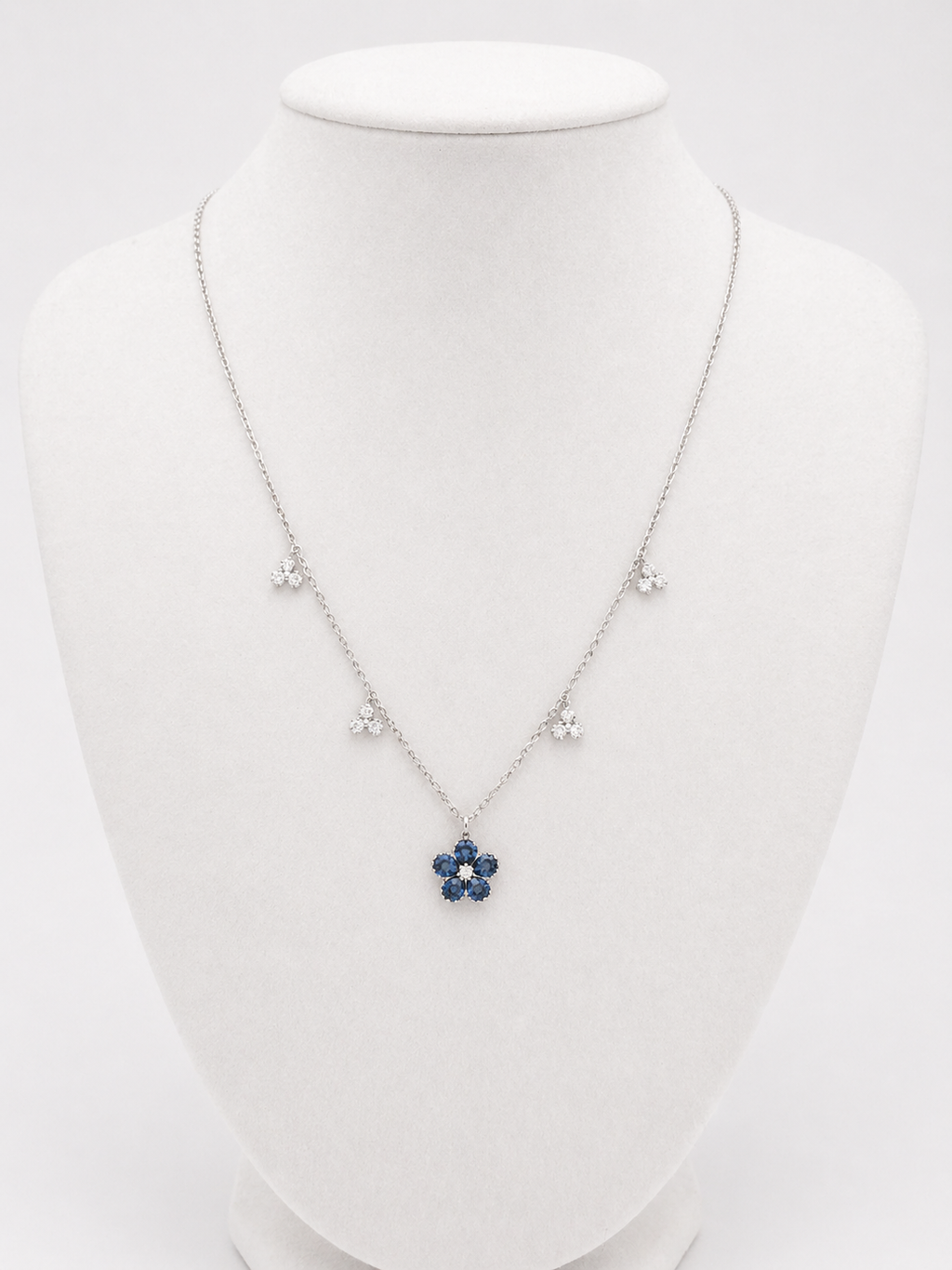 Blue Sapphire & Natural Diamond Flower Station Necklace in 18K White Gold
