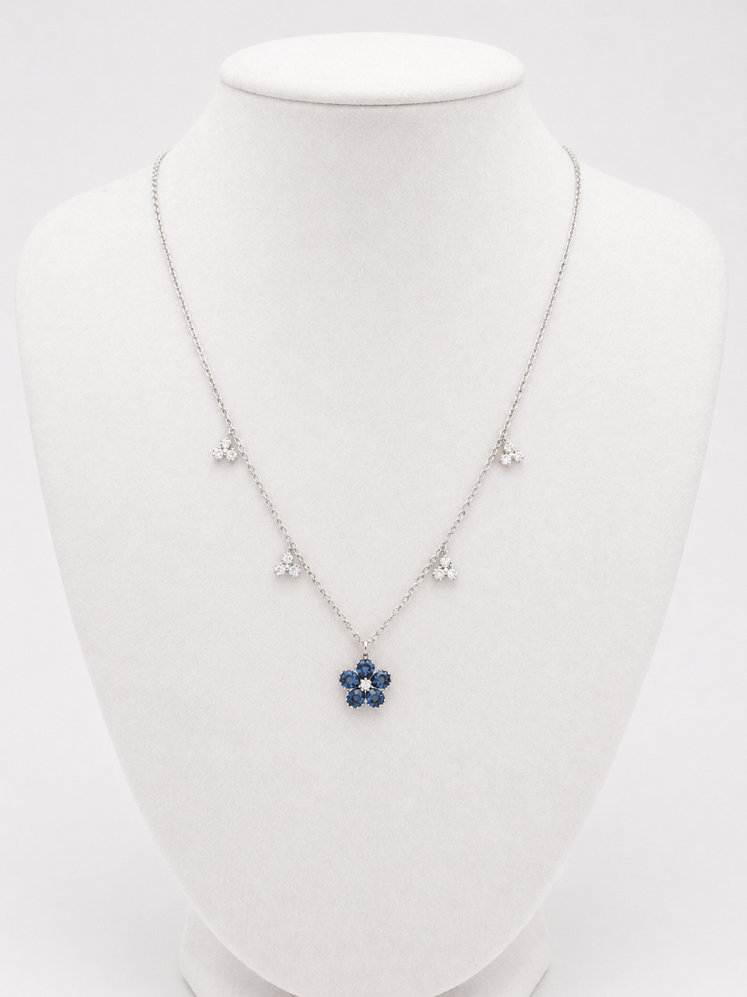 Blue Sapphire & Natural Diamond Flower Station Necklace in 18K White Gold