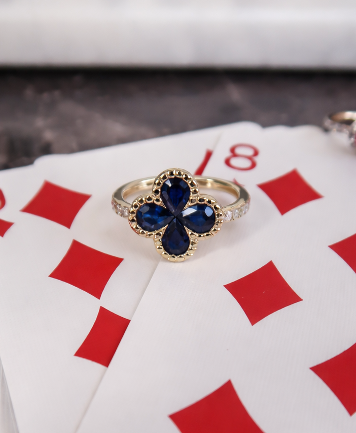 Blue Sapphire Clover Ring Diamond band in 14K Yellow Gold