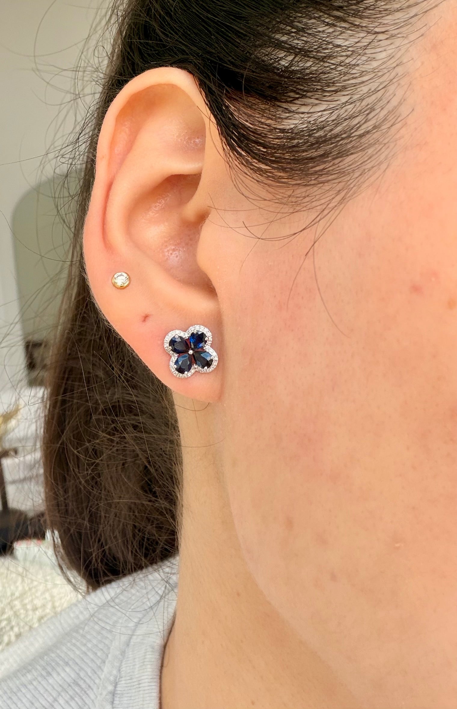 Genuine Sapphire & Diamond Flower Earrings in 18K White Gold