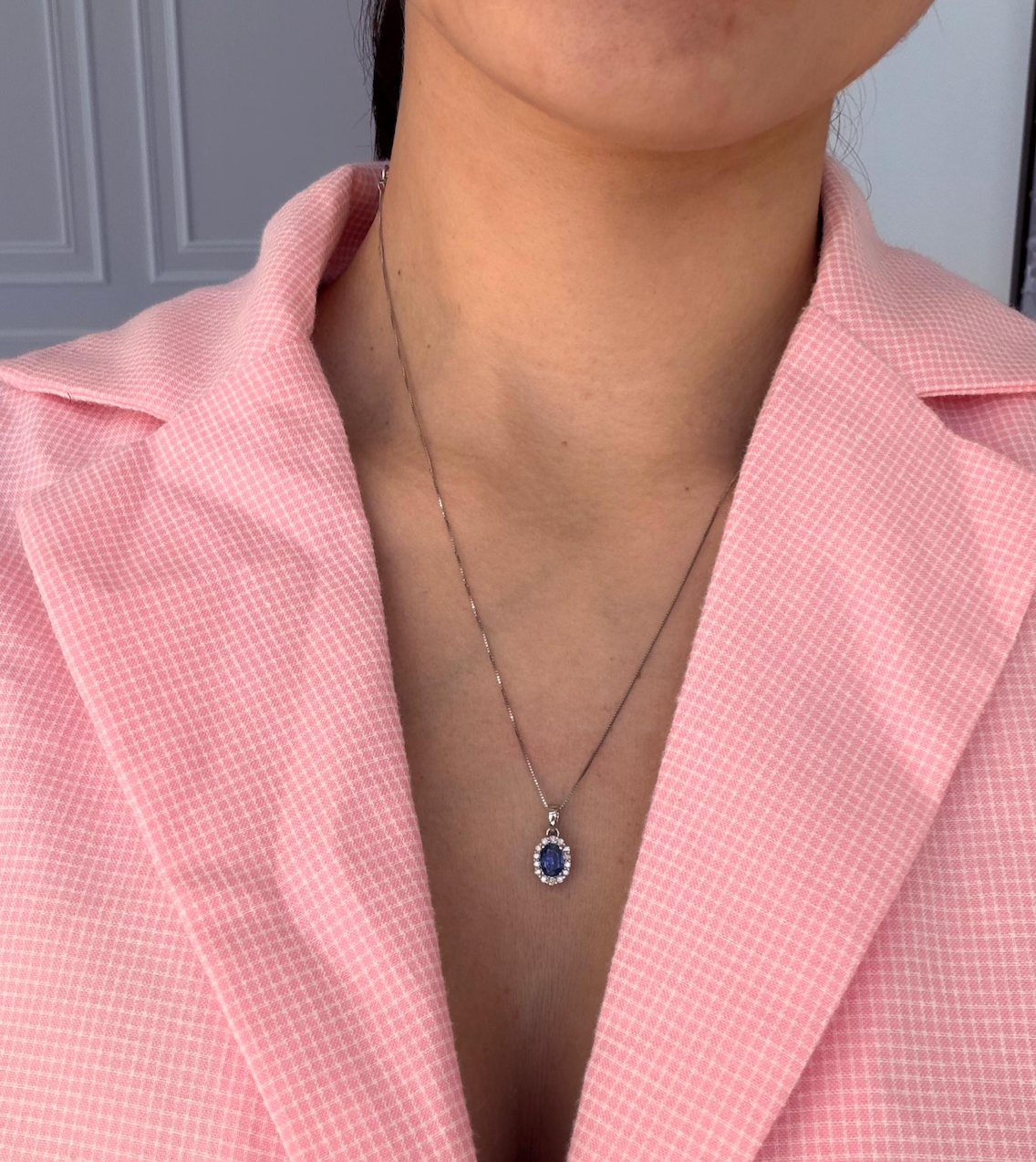 Blue Sapphire Diamond Halo Pendant in 14K White Gold