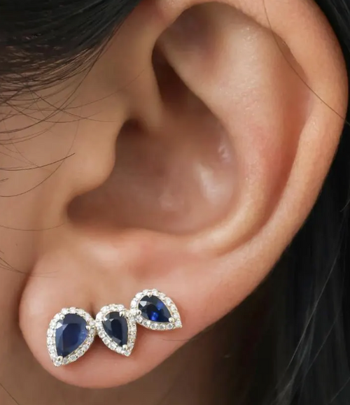 Blue Sapphire Pear & Diamond halo Climber Earrings in 18K Gold