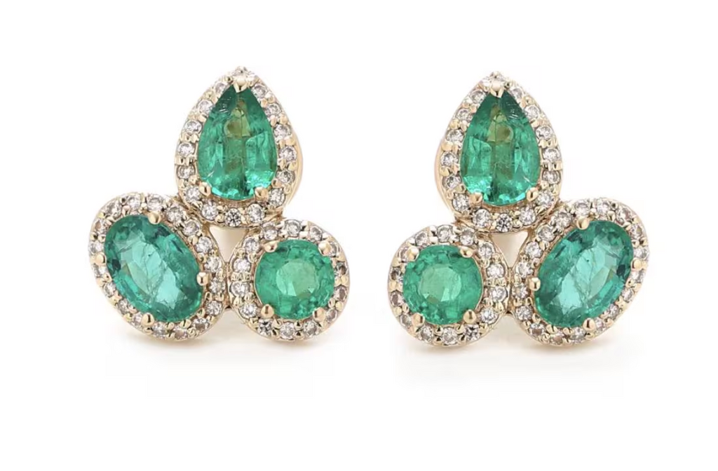 Genuine Emerald & Diamond Multi-Shape Cluster Earrings in 18K Solid Gold