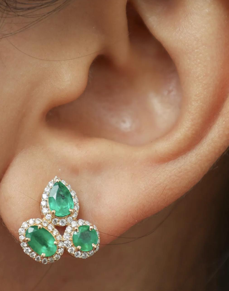 Genuine Emerald & Diamond Multi-Shape Cluster Earrings in 18K Solid Gold