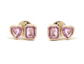 Genuine Pink Sapphire Heart & Emerald Cut Bezel Toi Et Moi Studs Earrings in 14K Yellow Gold