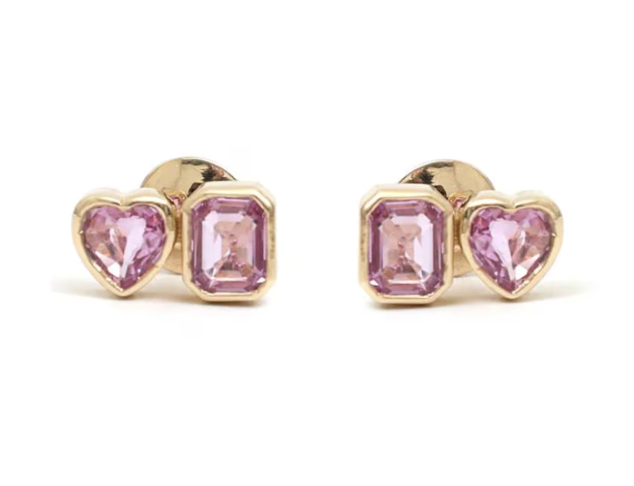 Genuine Pink Sapphire Heart & Emerald Cut Bezel Toi Et Moi Studs Earrings in 14K Yellow Gold