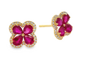 Natural Ruby Flower Earrings with Diamond Halo in 18K Gold