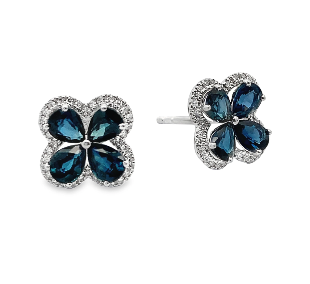 Genuine Sapphire & Diamond Flower Earrings in 18K White Gold
