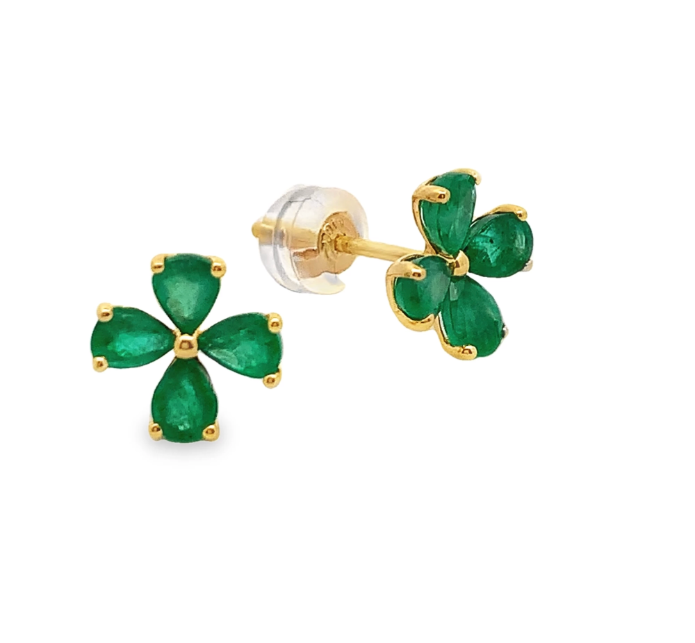 Emerald Flower Earrings in 18K Solid Yellow Gold