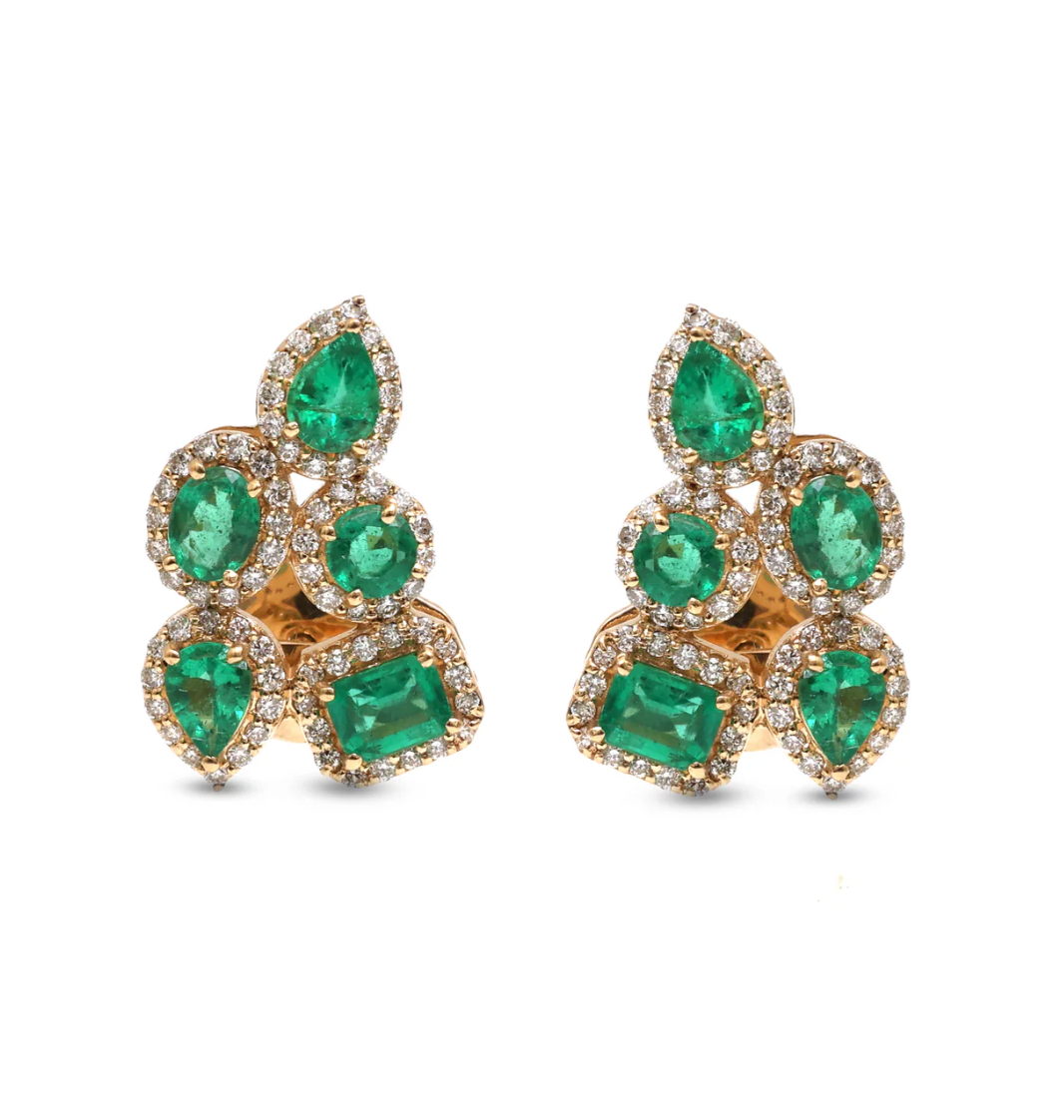 Emerald & Diamond Multi-Shape Cluster Drop Earrings in 18K Yellow Gold