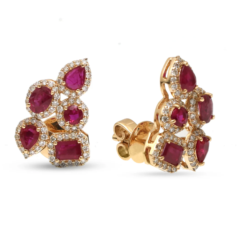 Ruby & Diamond Multi-Shape Cluster Drop Earrings in 18K Yellow Gold