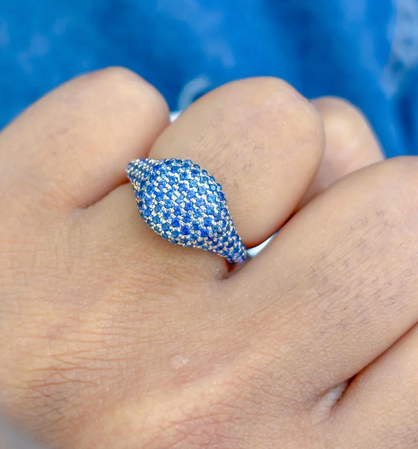Blue Sapphire Pavé Dome Ring in 14K Yellow Gold