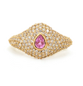 Pavé Diamond & Pink Sapphire Pear Pinky Ring in 18K Yellow Gold
