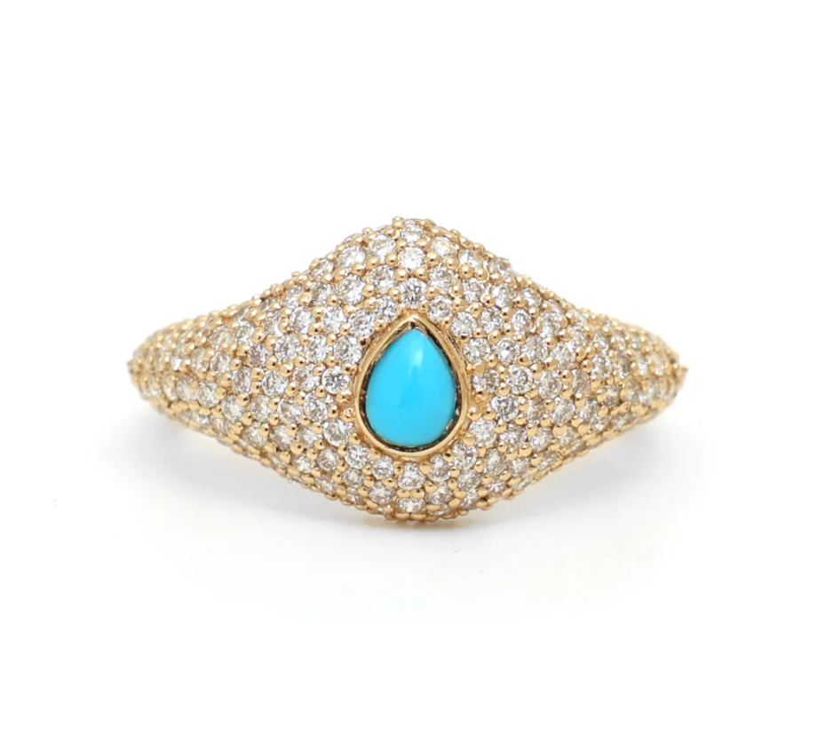 Pavé Diamond & Turquoise Pear Pinky Ring in 18K Yellow Gold