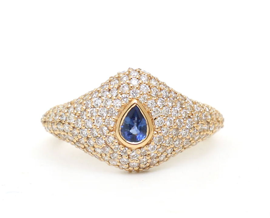 Pavé Diamond & Blue Sapphire Pinky Ring in 18K Yellow Gold