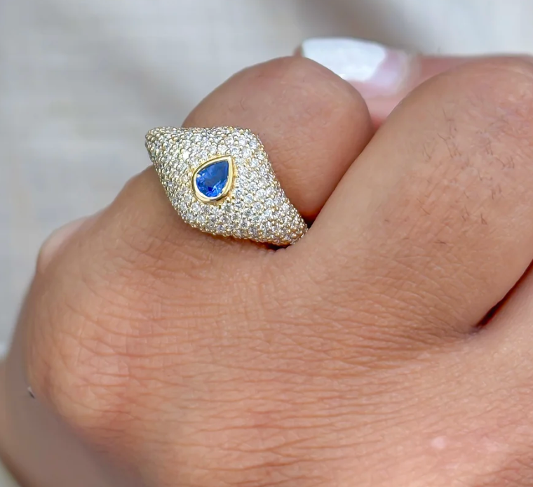 Pavé Diamond & Blue Sapphire Pinky Ring in 18K Yellow Gold