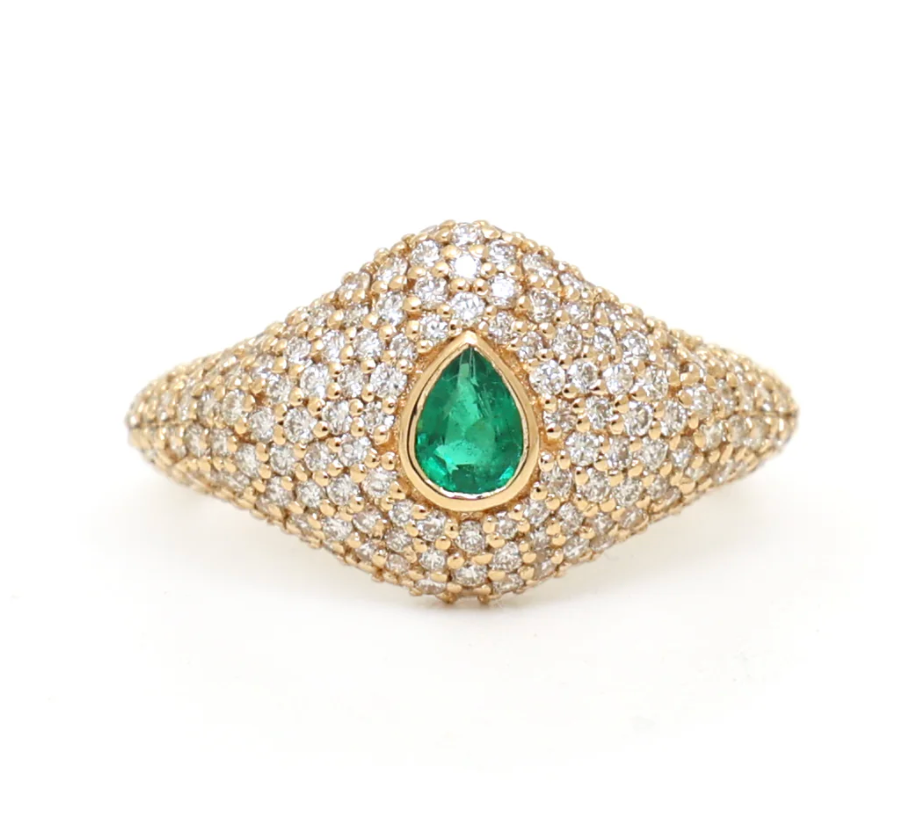 Pavé Diamond & Emerald Pinky Ring in 18K Yellow Gold