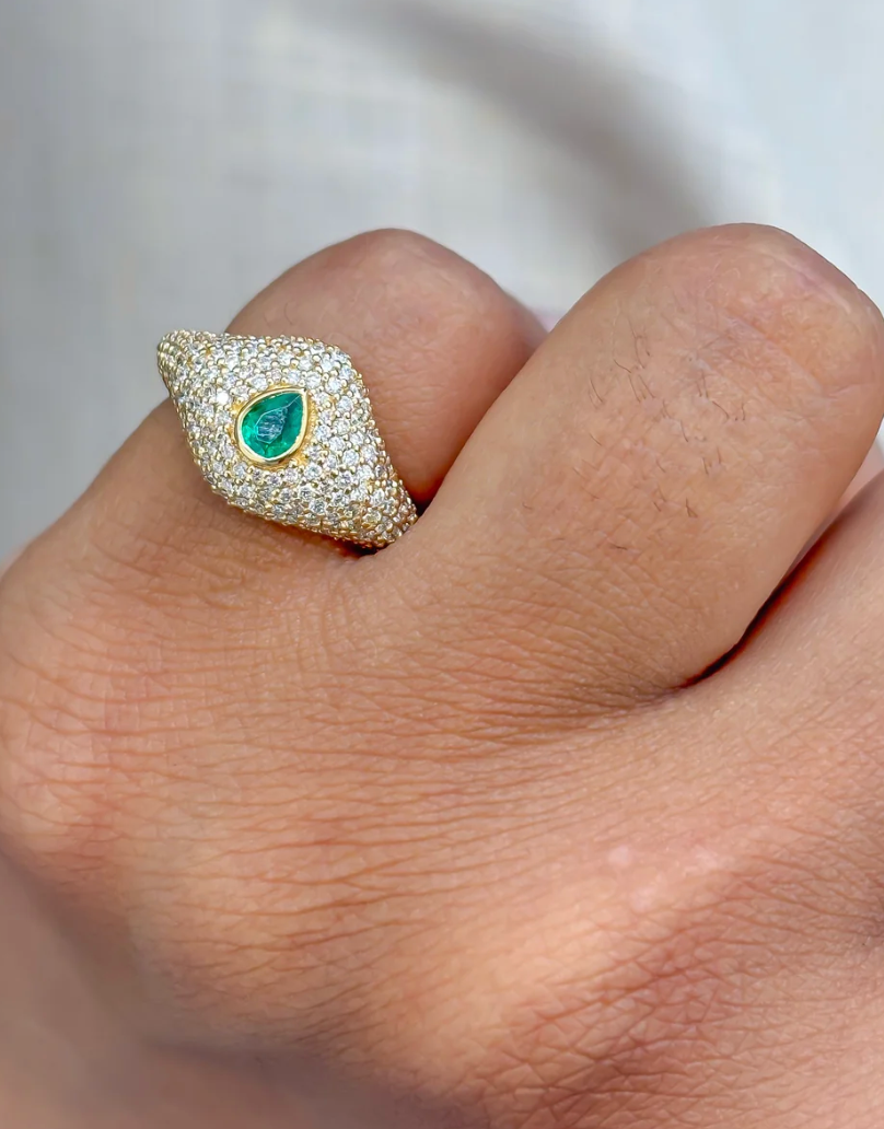 Pavé Diamond & Emerald Pinky Ring in 18K Yellow Gold