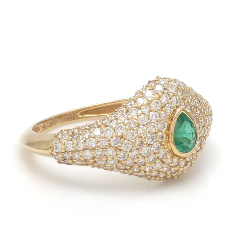 Pavé Diamond & Emerald Pinky Ring in 18K Yellow Gold