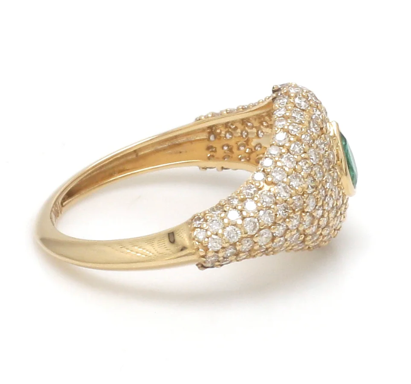 Pavé Diamond & Emerald Pinky Ring in 18K Yellow Gold