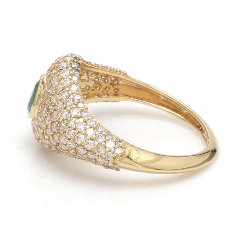Pavé Diamond & Emerald Pinky Ring in 18K Yellow Gold