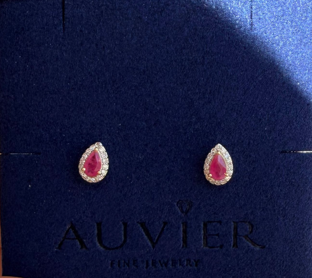 Ruby Teardrop Earrings with Diamond Halo in 14K Yellow Gold