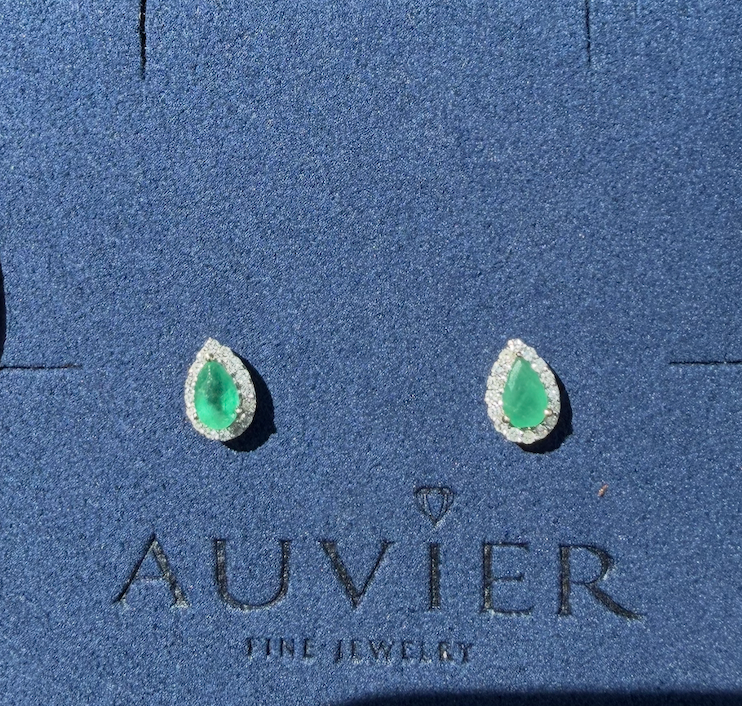 Emerald Teardrop Earrings with Diamond Halo in 14K Yellow Gold