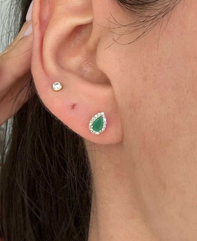 Emerald Teardrop Earrings with Diamond Halo in 14K Yellow Gold