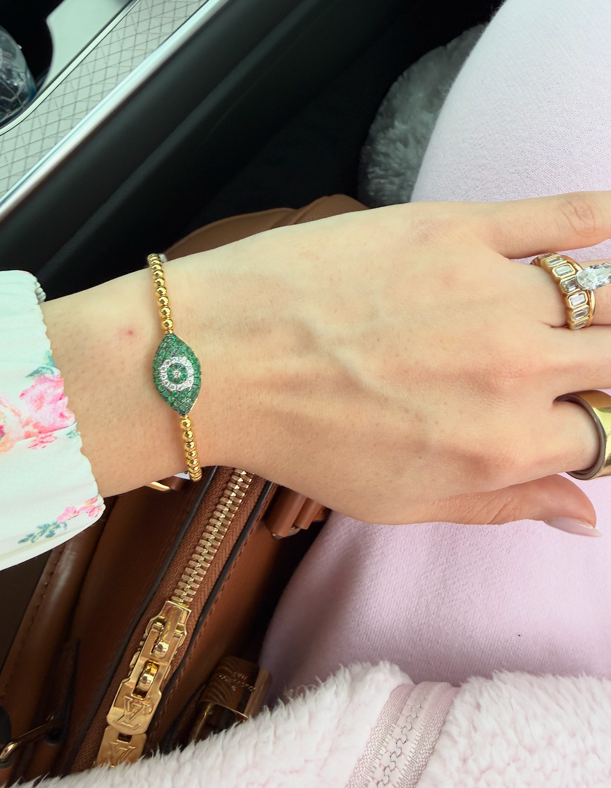 Emerald Evil Eye Beaded Bangle in 18K YG