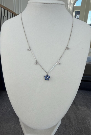 Blue Sapphire & Diamond Flower Necklace in 18K White Gold